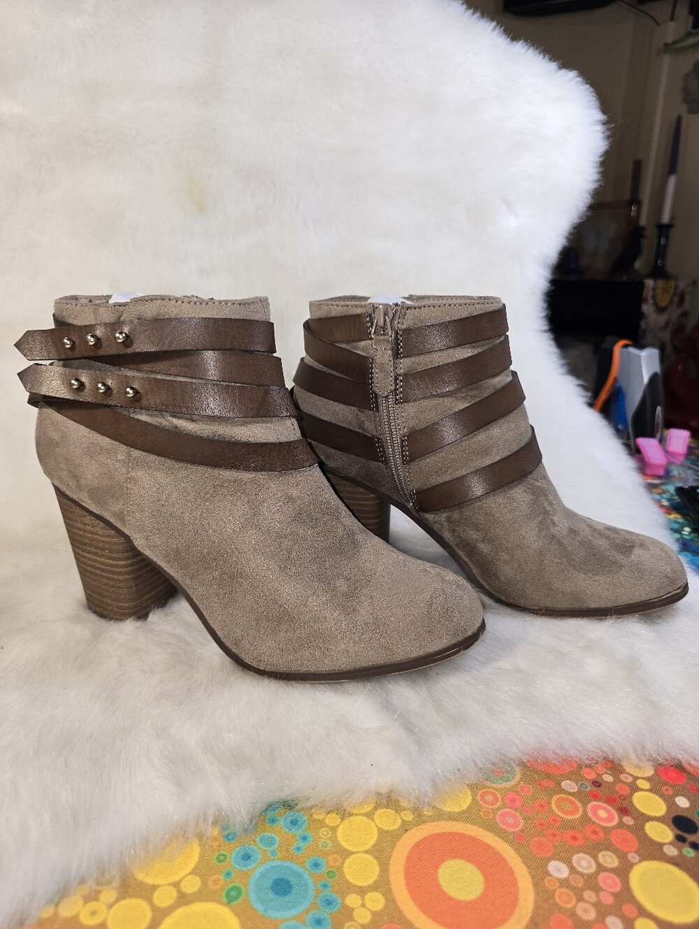 Material Girl "Mini" Taupe Faux Suede Strappy Heeled Ankle Zip-up Booties